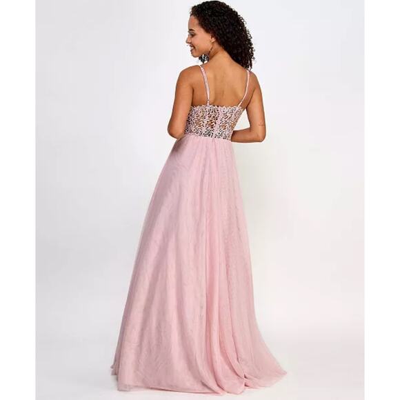 City Studios Juniors' Metallic Corset-Bodice Lace-Back Gown - Picture 2 of 4